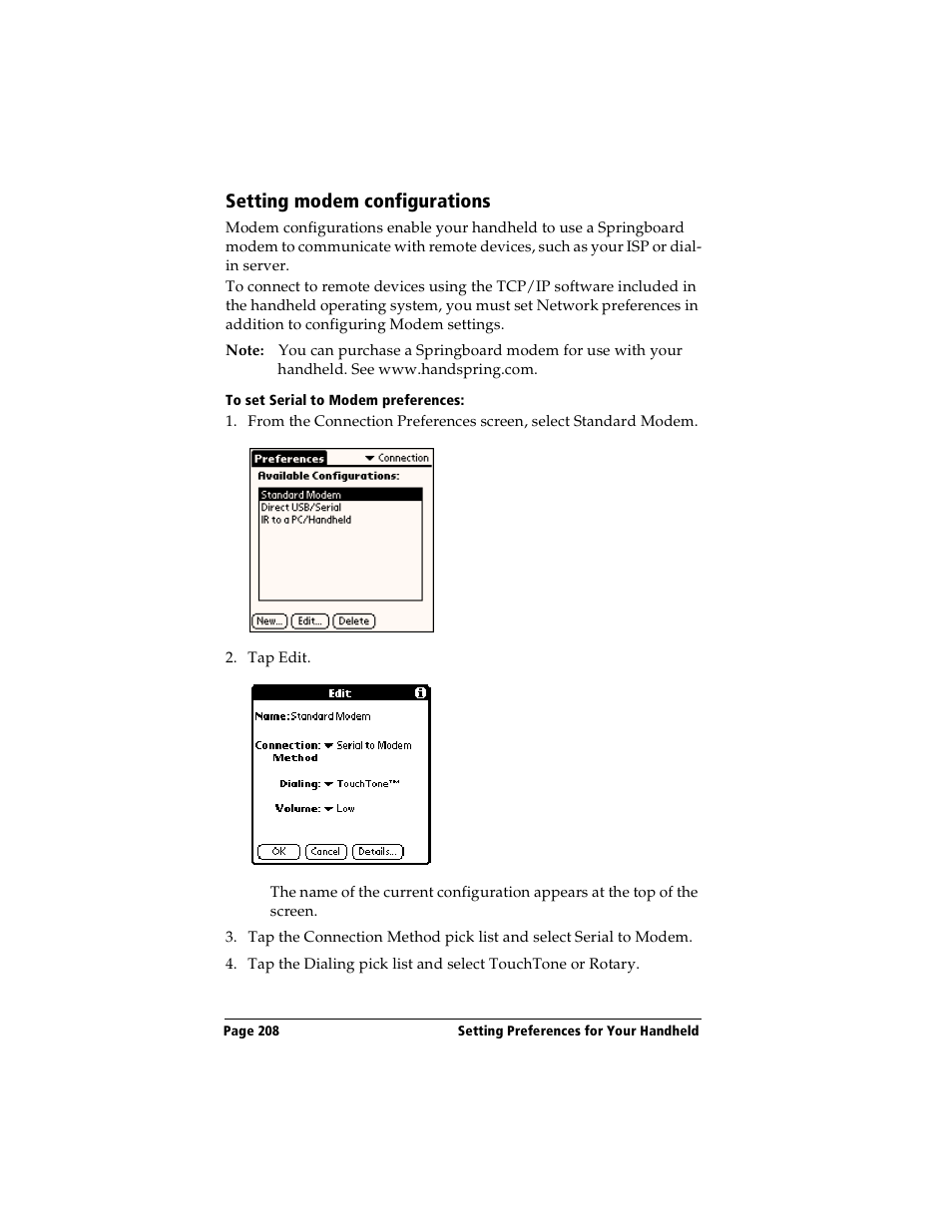 Setting modem configurations, To set serial to modem preferences | Handspring Visor User Manual | Page 208 / 263