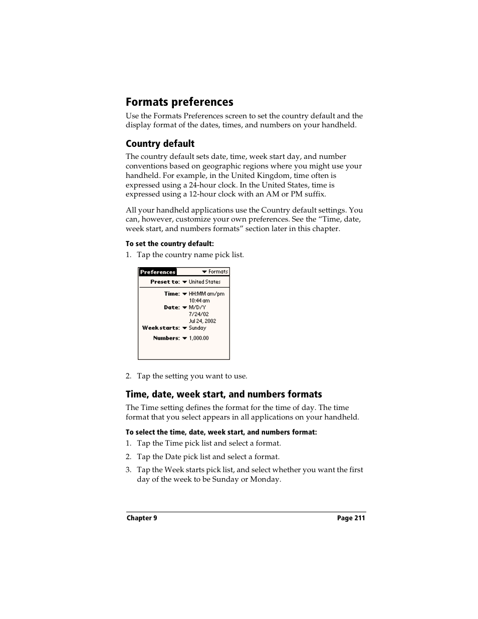 Formats preferences, Country default, To set the country default | Time, date, week start, and numbers formats | Handspring Visor User Manual | Page 211 / 263