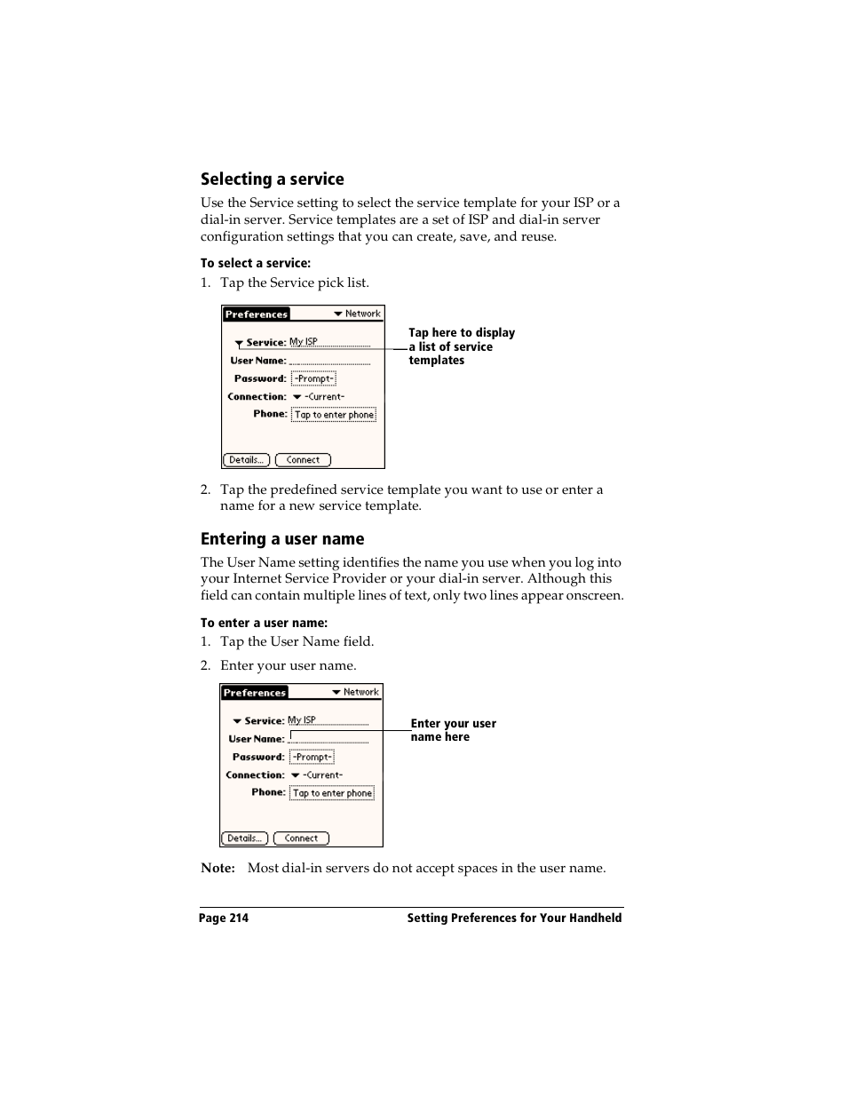 Selecting a service, To select a service, Entering a user name | To enter a user name, Selecting a service entering a user name | Handspring Visor User Manual | Page 214 / 263
