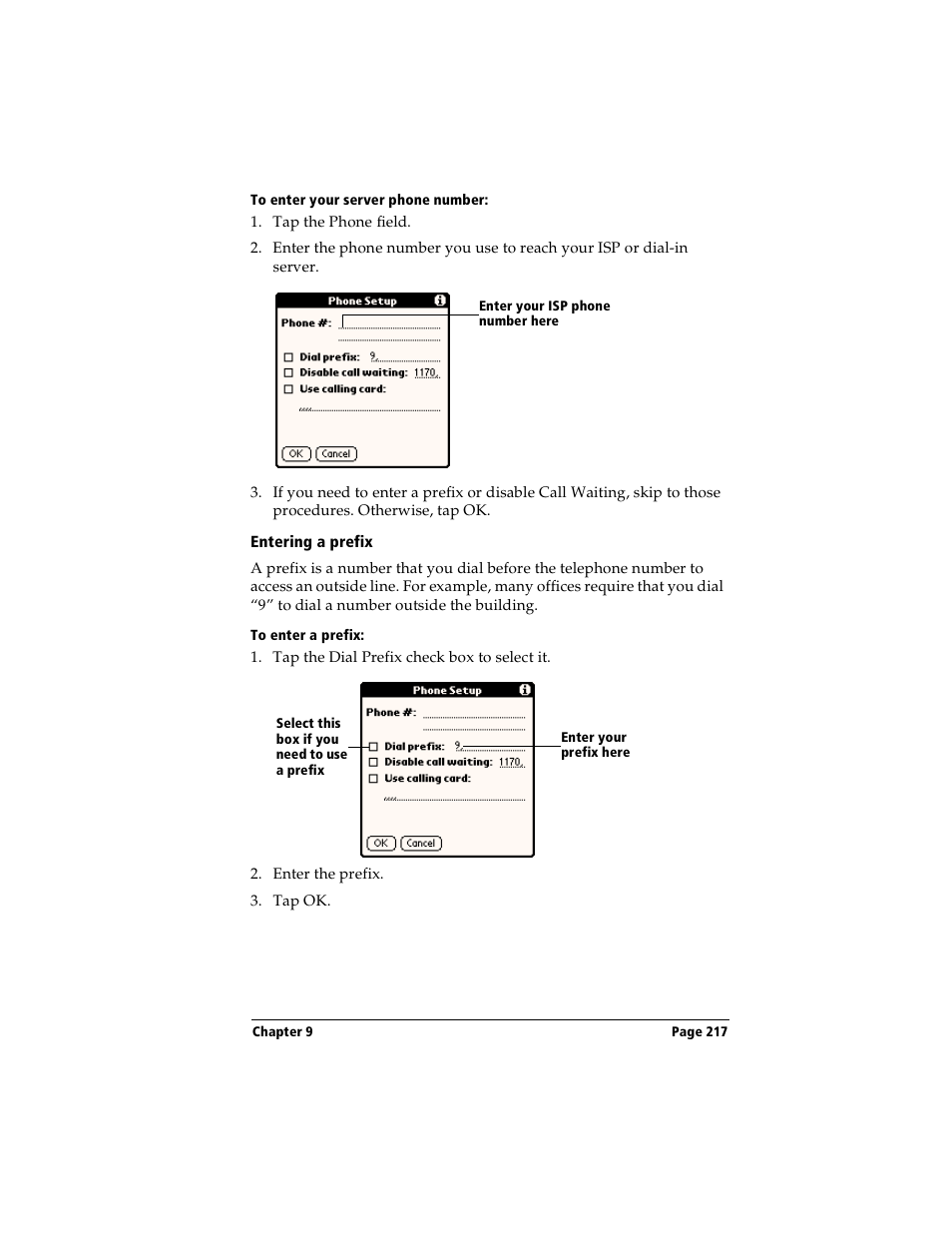 To enter your server phone number, Entering a prefix, To enter a prefix | Handspring Visor User Manual | Page 217 / 263