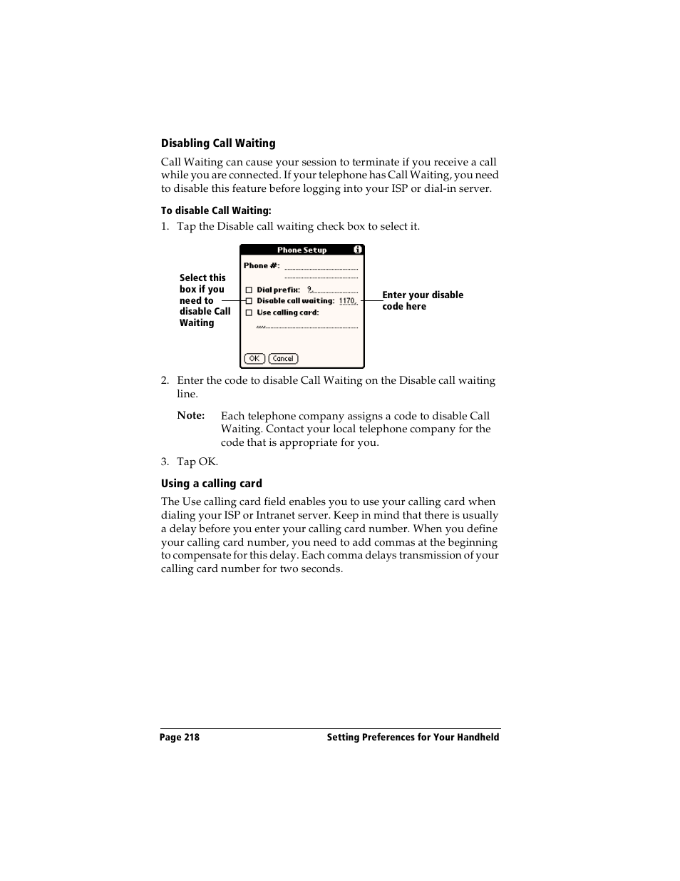 Disabling call waiting, To disable call waiting, Using a calling card | Handspring Visor User Manual | Page 218 / 263
