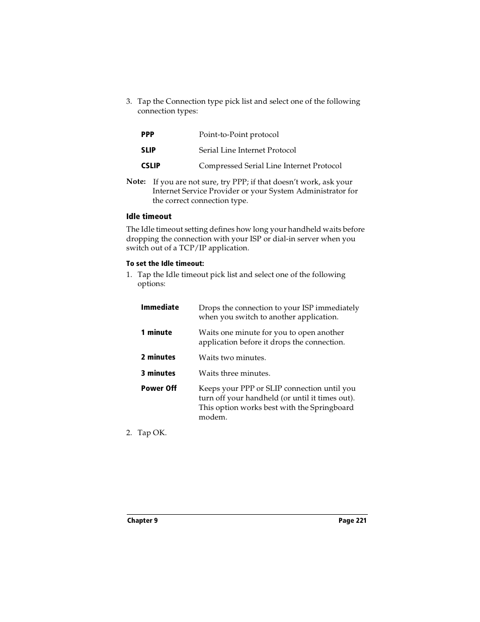 Idle timeout, To set the idle timeout | Handspring Visor User Manual | Page 221 / 263