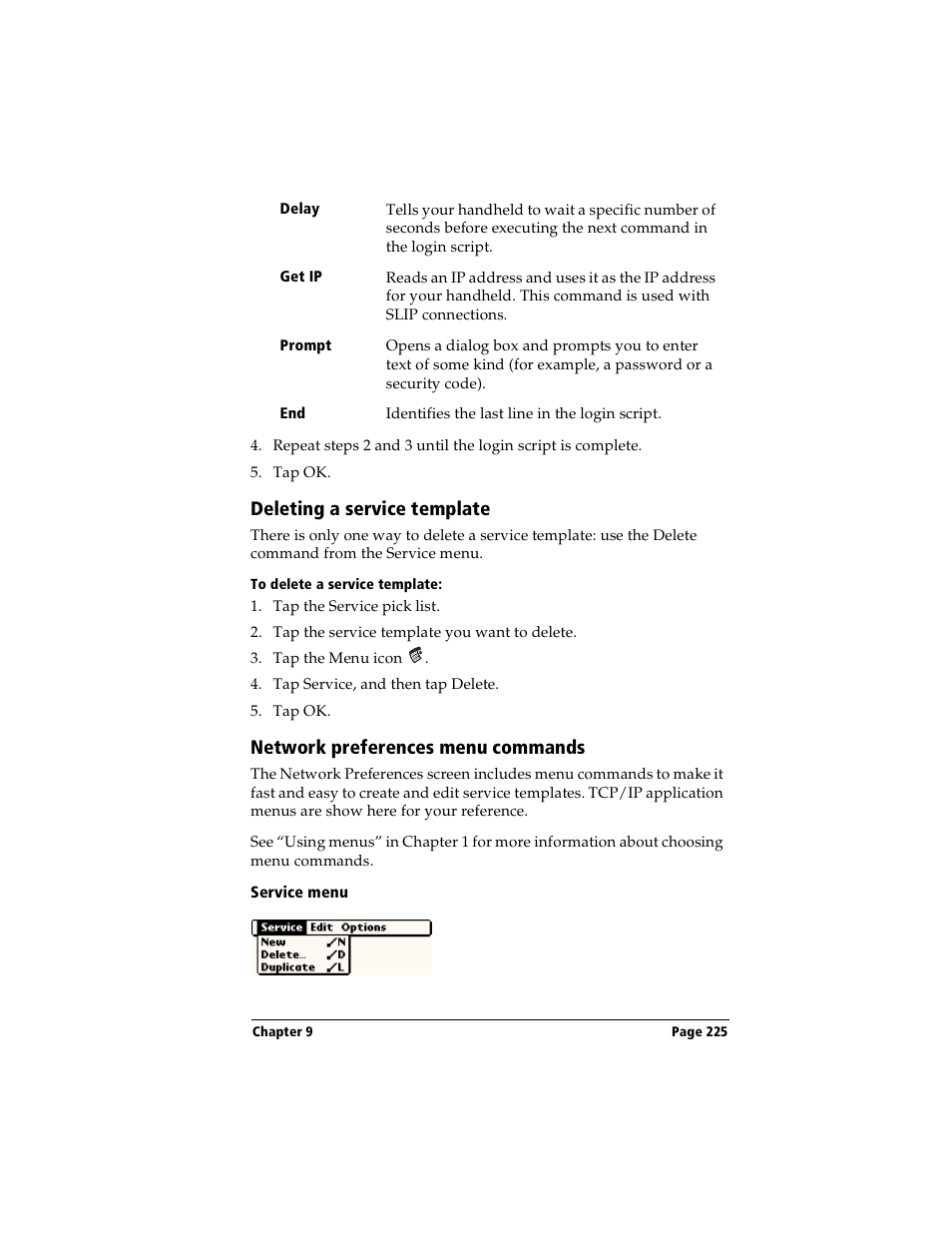 Deleting a service template, To delete a service template, Network preferences menu commands | Service menu | Handspring Visor User Manual | Page 225 / 263
