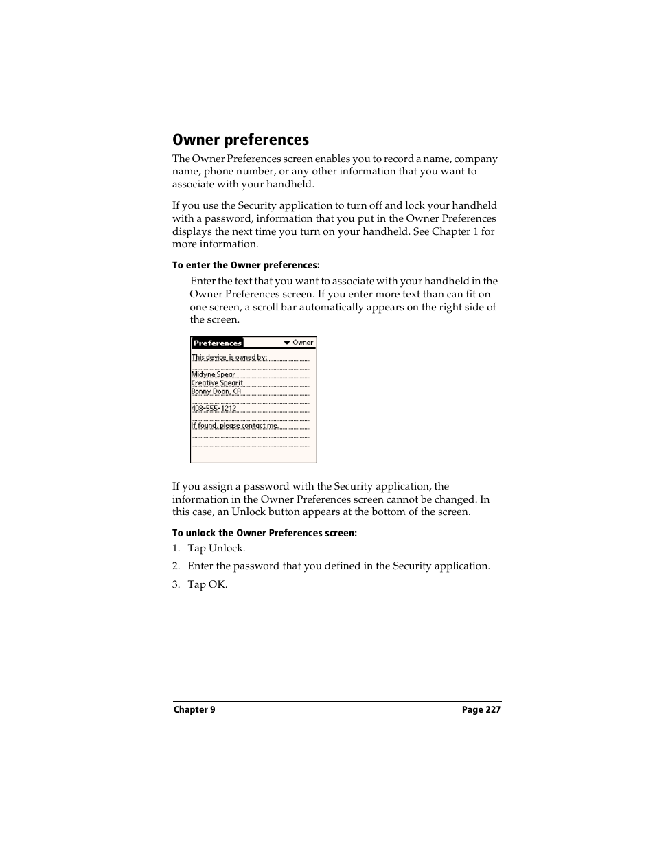 Owner preferences, To enter the owner preferences, To unlock the owner preferences screen | Handspring Visor User Manual | Page 227 / 263
