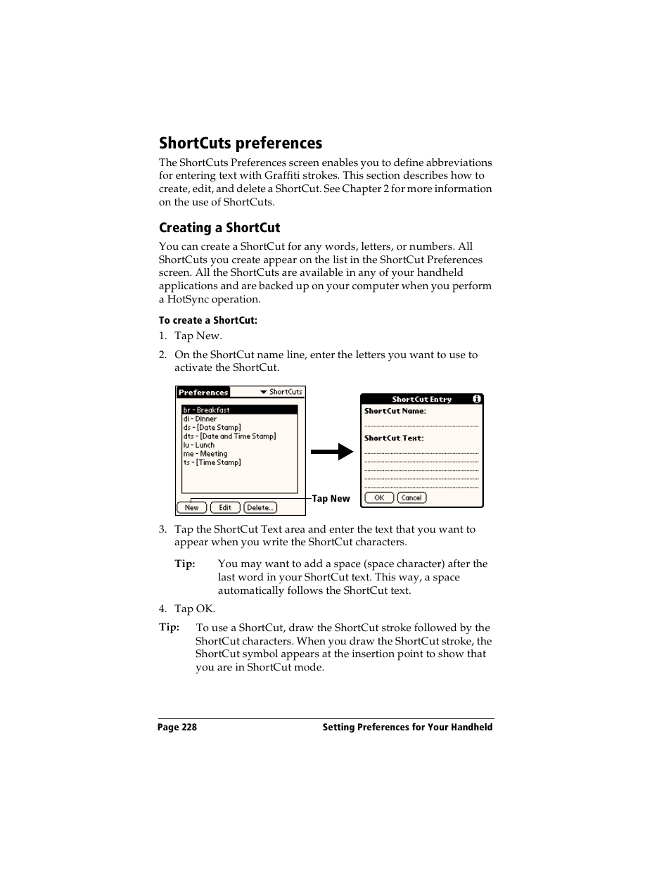 Shortcuts preferences, Creating a shortcut, To create a shortcut | Handspring Visor User Manual | Page 228 / 263