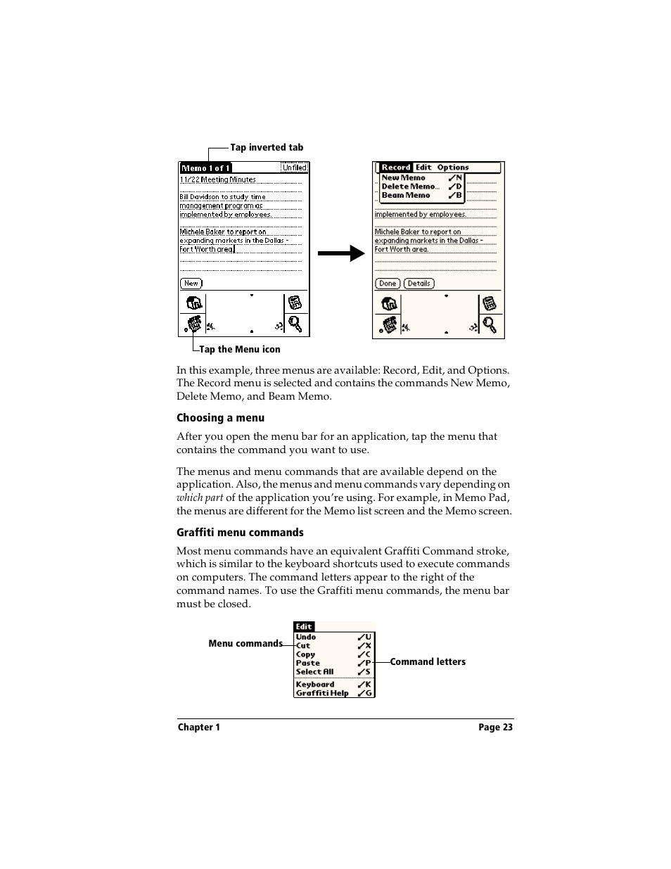 Choosing a menu, Graffiti menu commands | Handspring Visor User Manual | Page 23 / 263