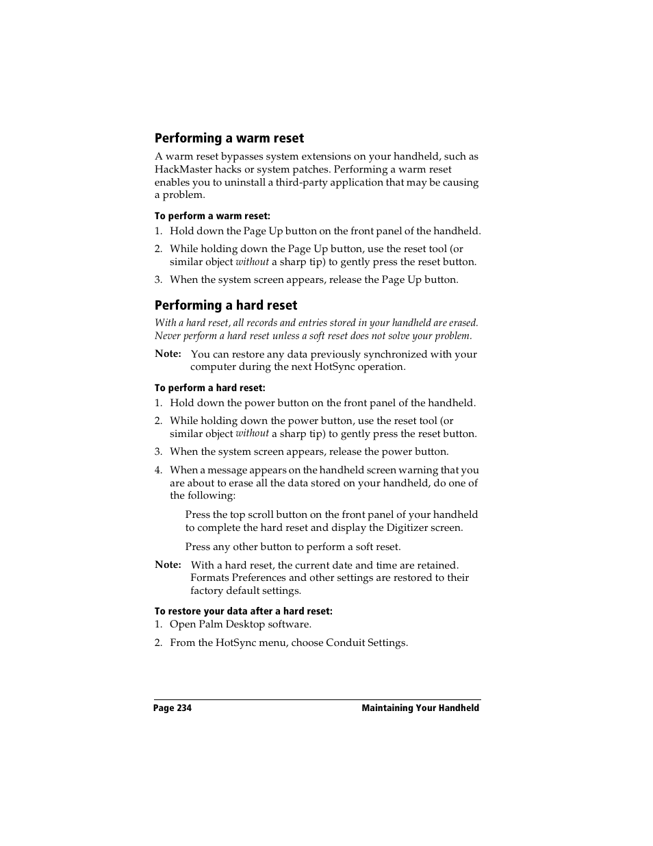 Performing a warm reset, To perform a warm reset, Performing a hard reset | To perform a hard reset, To restore your data after a hard reset, Performing a warm reset performing a hard reset | Handspring Visor User Manual | Page 234 / 263