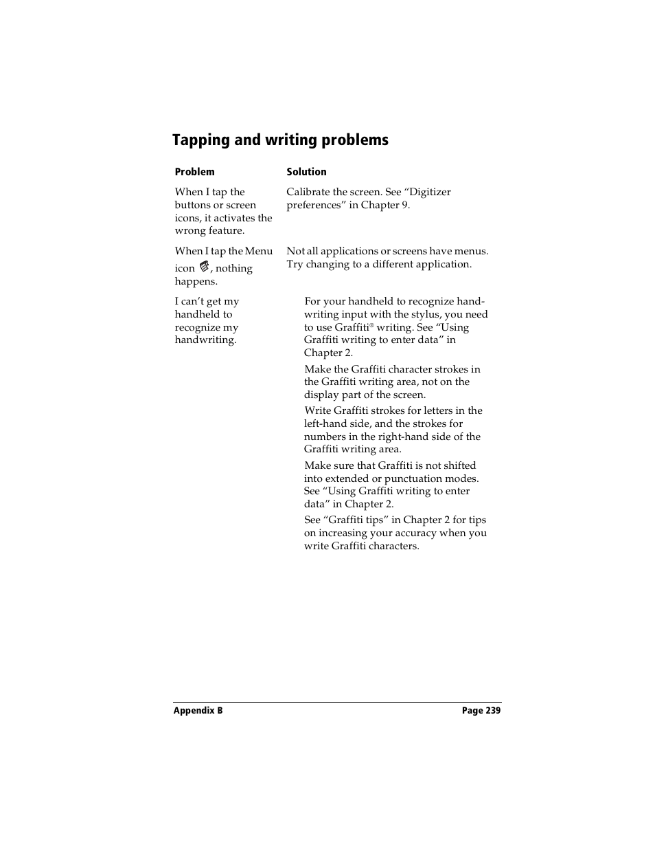 Tapping and writing problems | Handspring Visor User Manual | Page 239 / 263