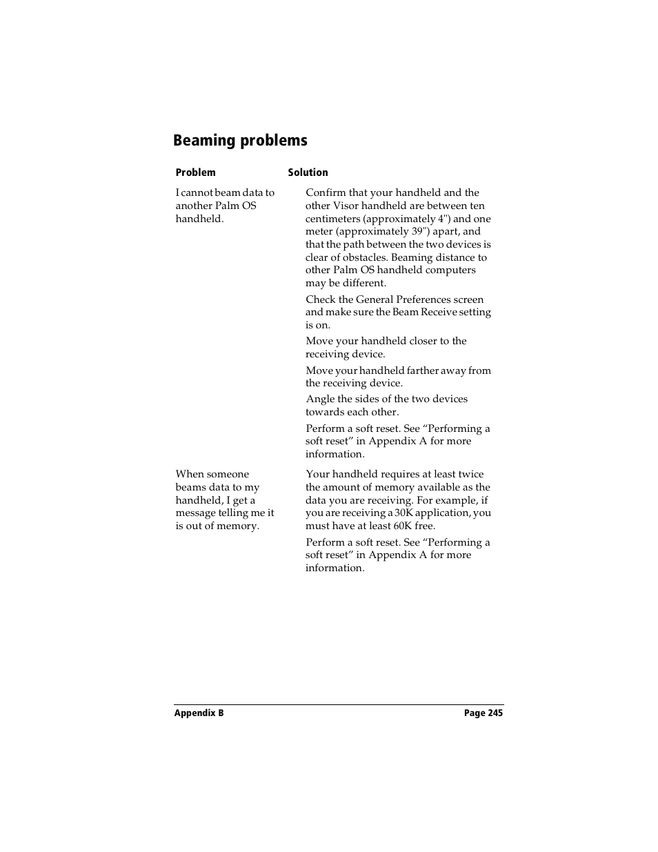 Beaming problems | Handspring Visor User Manual | Page 245 / 263