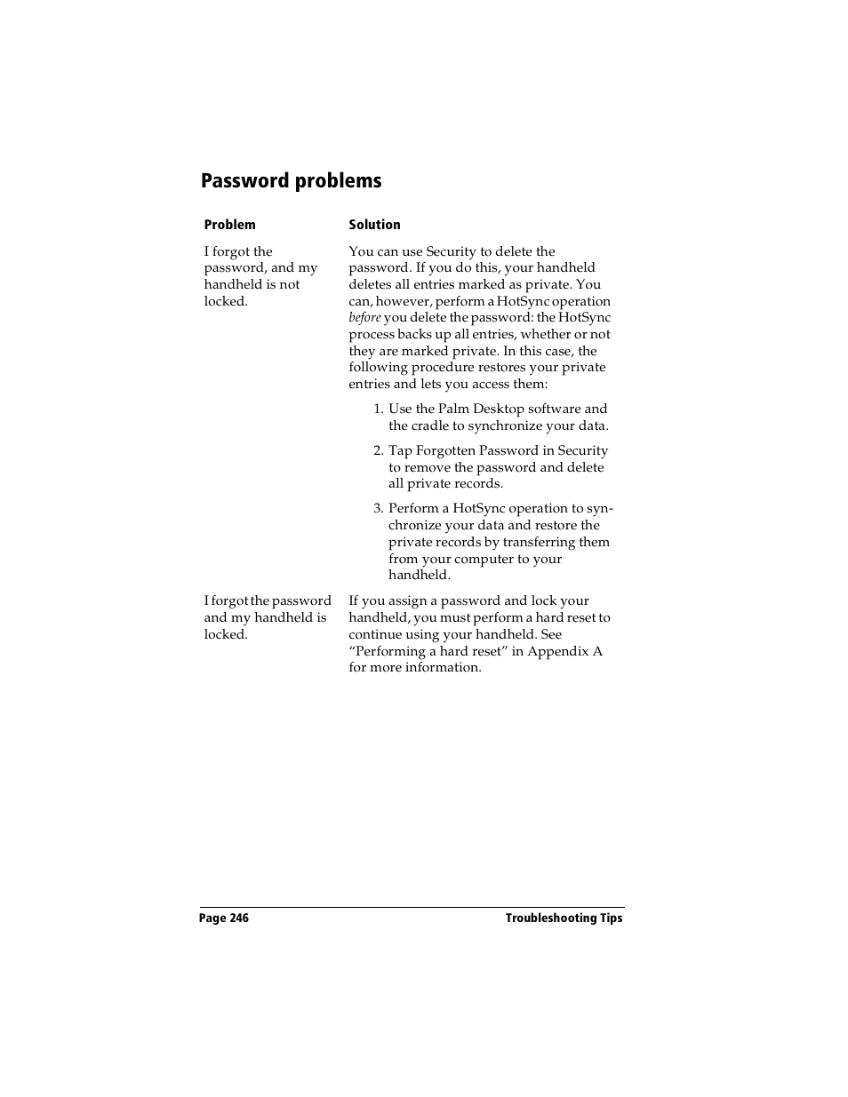 Password problems | Handspring Visor User Manual | Page 246 / 263
