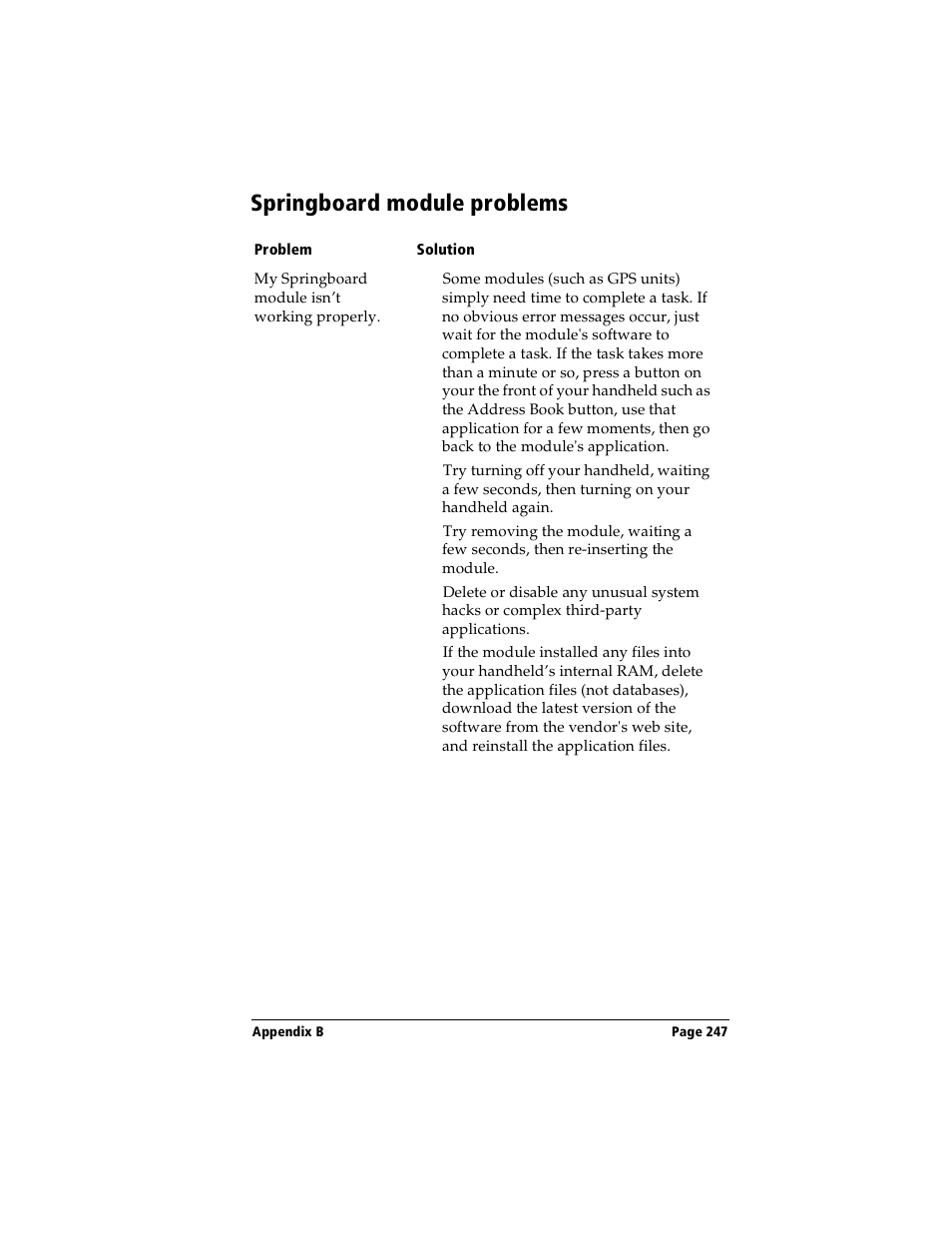 Springboard module problems | Handspring Visor User Manual | Page 247 / 263