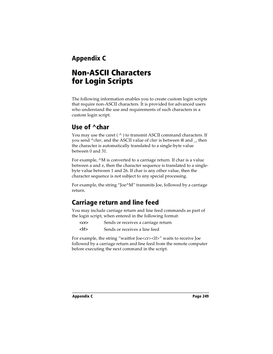 Non-ascii characters for login scripts, Use of ^char, Carriage return and line feed | Appendix c: non-ascii characters for login scripts, Appendix c | Handspring Visor User Manual | Page 249 / 263