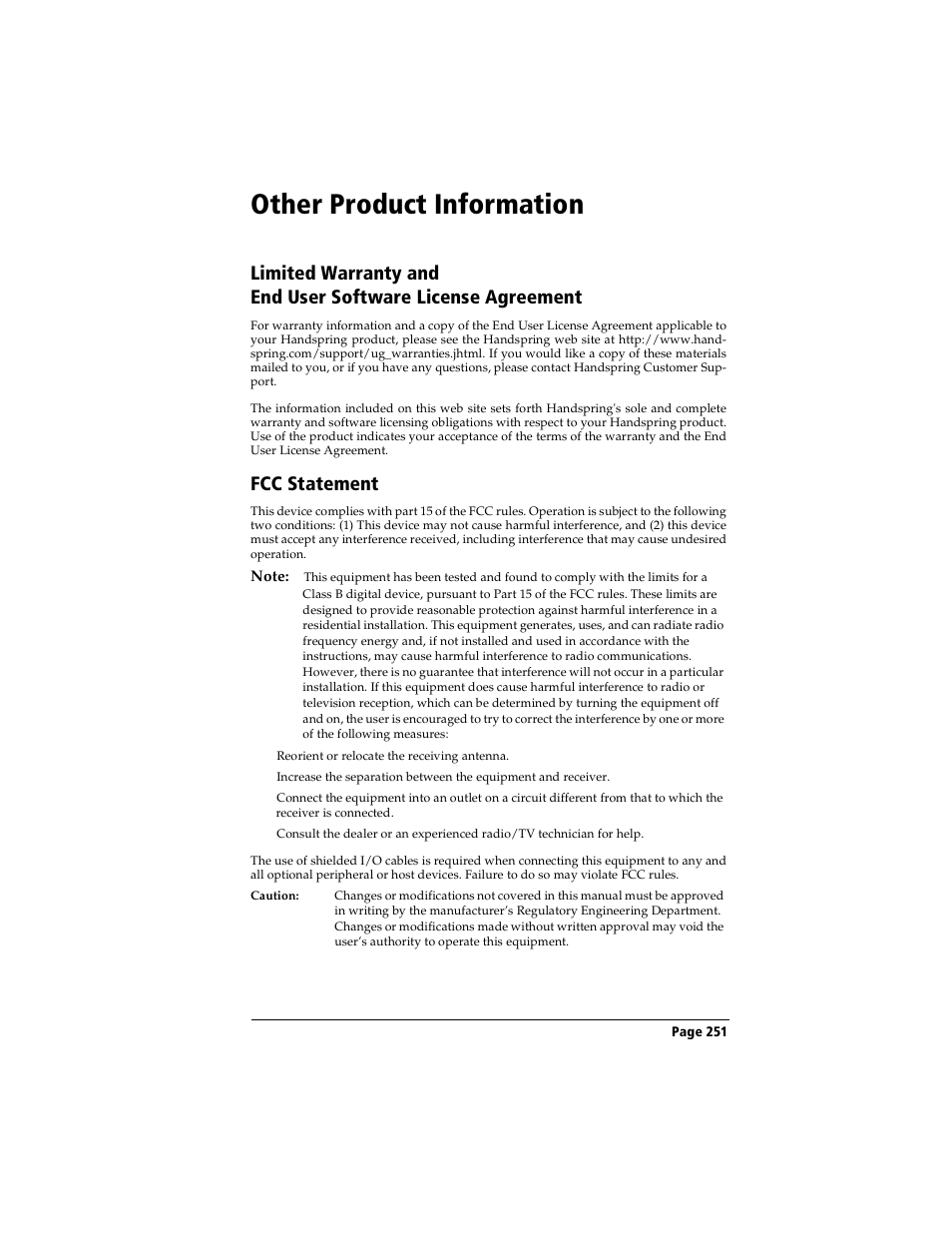 Other product information, Fcc statement | Handspring Visor User Manual | Page 251 / 263