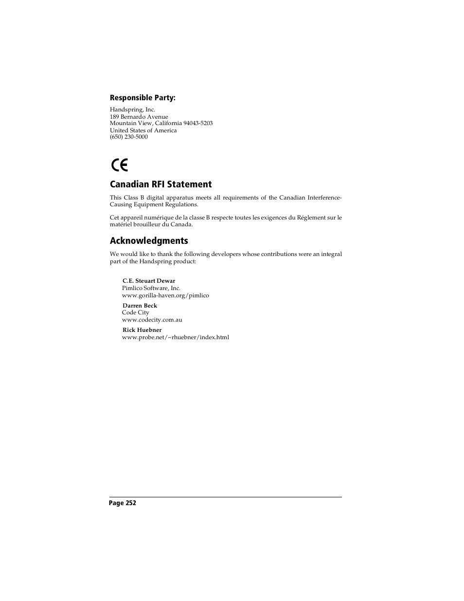 Responsible party, Canadian rfi statement, Acknowledgments | Handspring Visor User Manual | Page 252 / 263