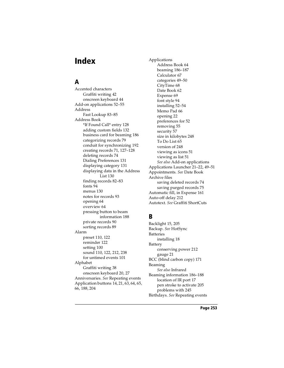 Index | Handspring Visor User Manual | Page 253 / 263