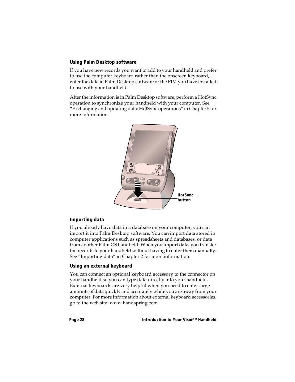 Using palm desktop software, Importing data, Using an external keyboard | Handspring Visor User Manual | Page 28 / 263