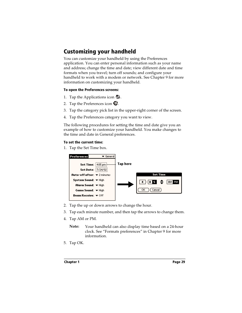 Customizing your handheld, To open the preferences screens, To set the current time | Handspring Visor User Manual | Page 29 / 263