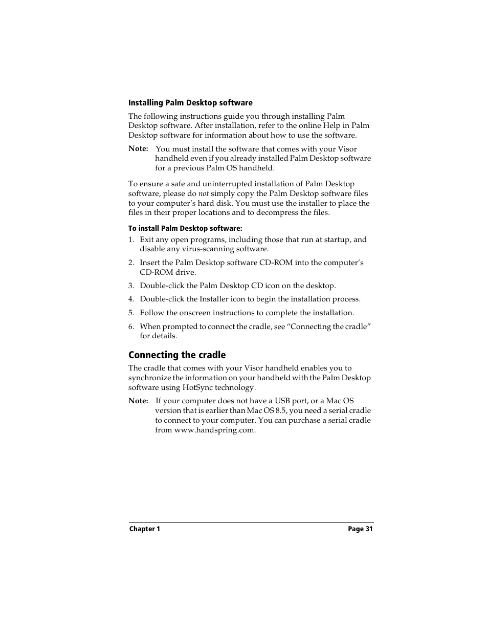 Installing palm desktop software, To install palm desktop software, Connecting the cradle | Handspring Visor User Manual | Page 31 / 263