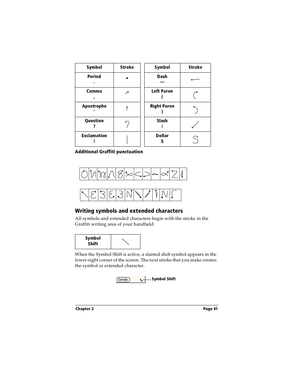 Additional graffiti punctuation, Writing symbols and extended characters | Handspring Visor User Manual | Page 41 / 263