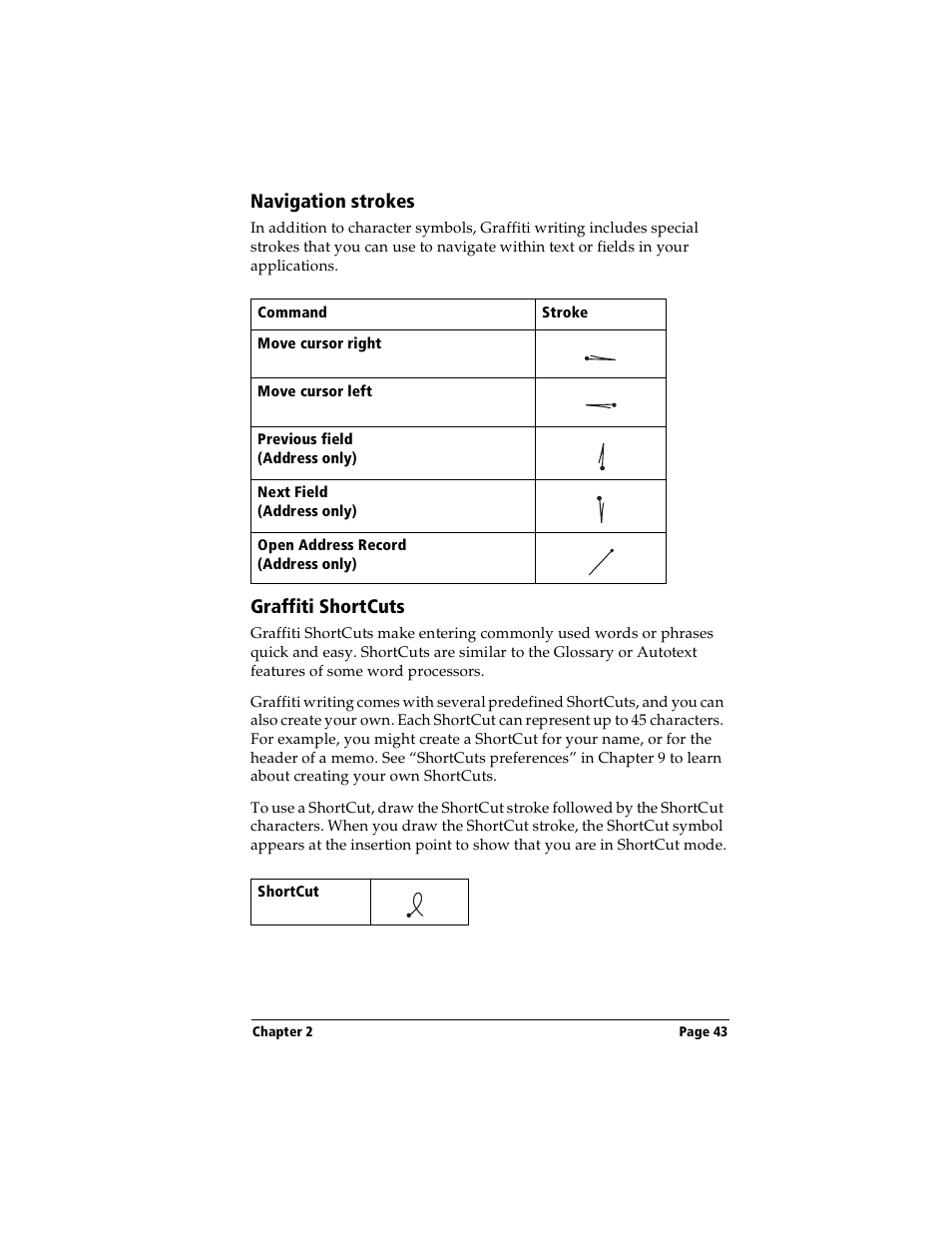 Navigation strokes, Graffiti shortcuts, Navigation strokes graffiti shortcuts | Handspring Visor User Manual | Page 43 / 263