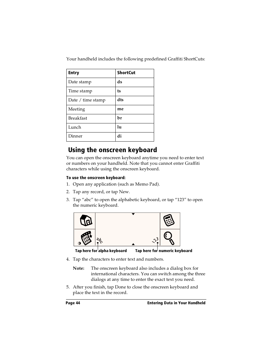 Using the onscreen keyboard, To use the onscreen keyboard | Handspring Visor User Manual | Page 44 / 263