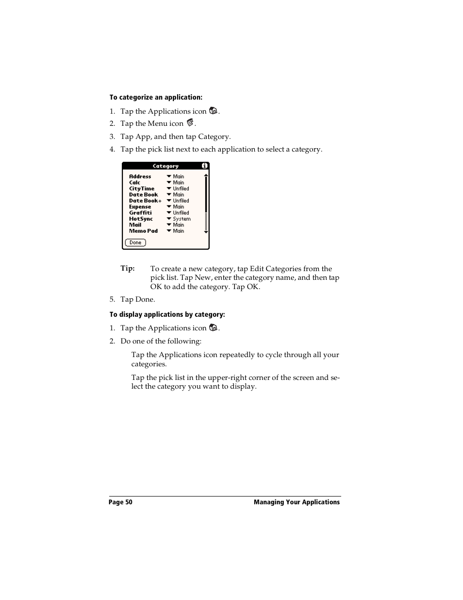 To categorize an application, To display applications by category | Handspring Visor User Manual | Page 50 / 263