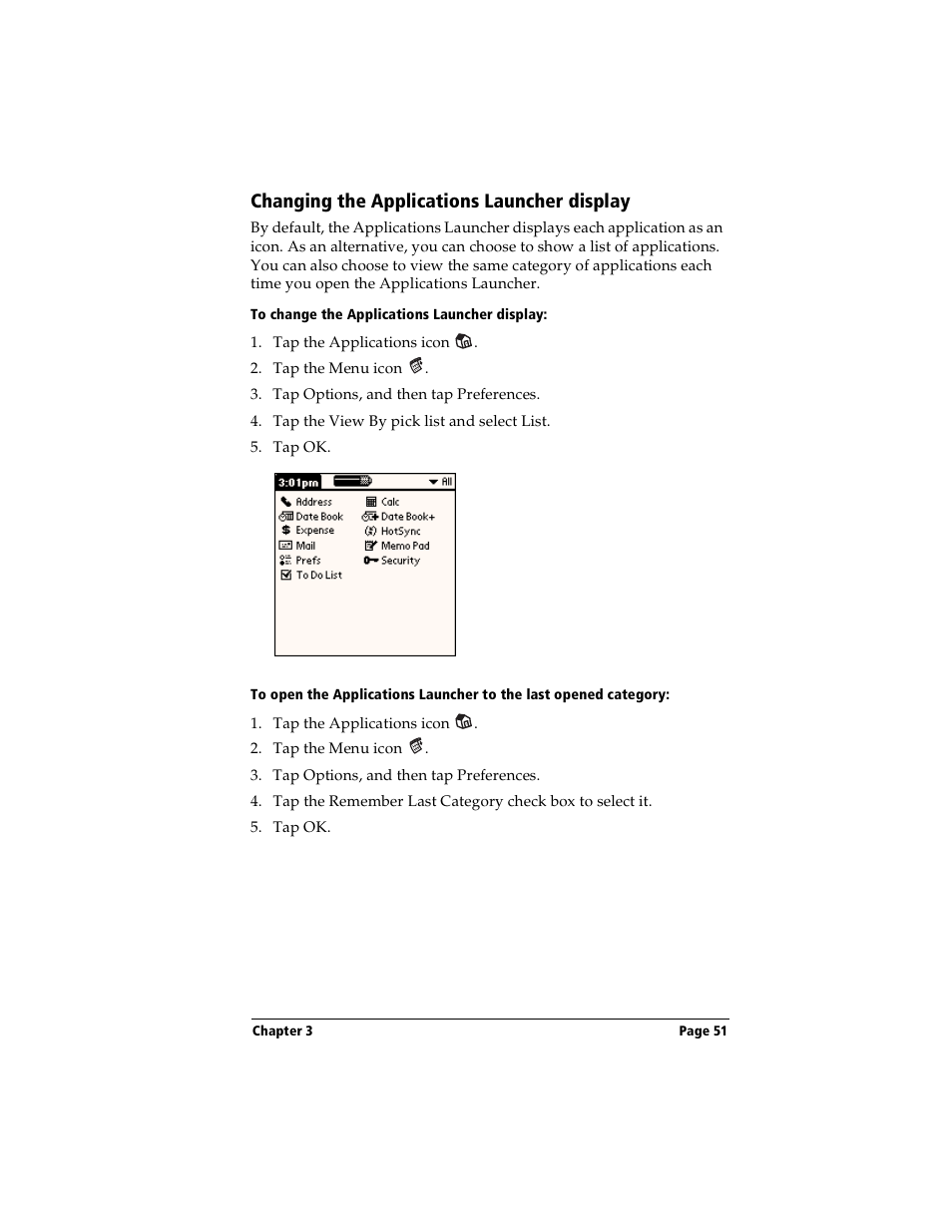 Changing the applications launcher display, To change the applications launcher display | Handspring Visor User Manual | Page 51 / 263