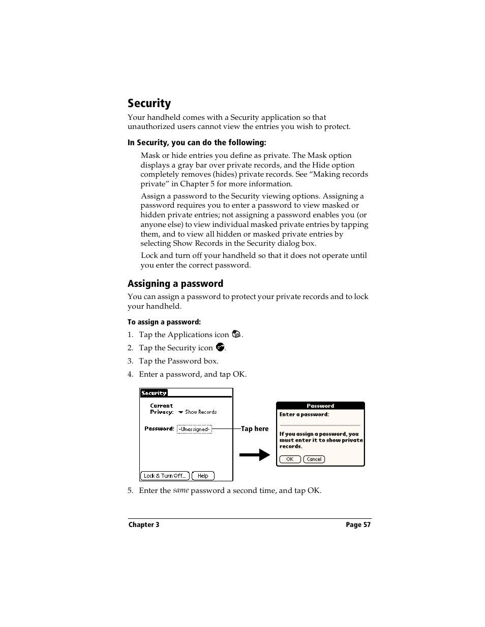 Security, In security, you can do the following, Assigning a password | To assign a password | Handspring Visor User Manual | Page 57 / 263