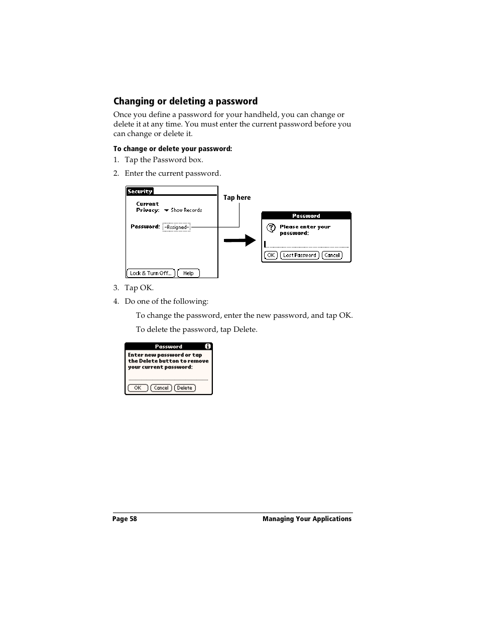 Changing or deleting a password, To change or delete your password | Handspring Visor User Manual | Page 58 / 263
