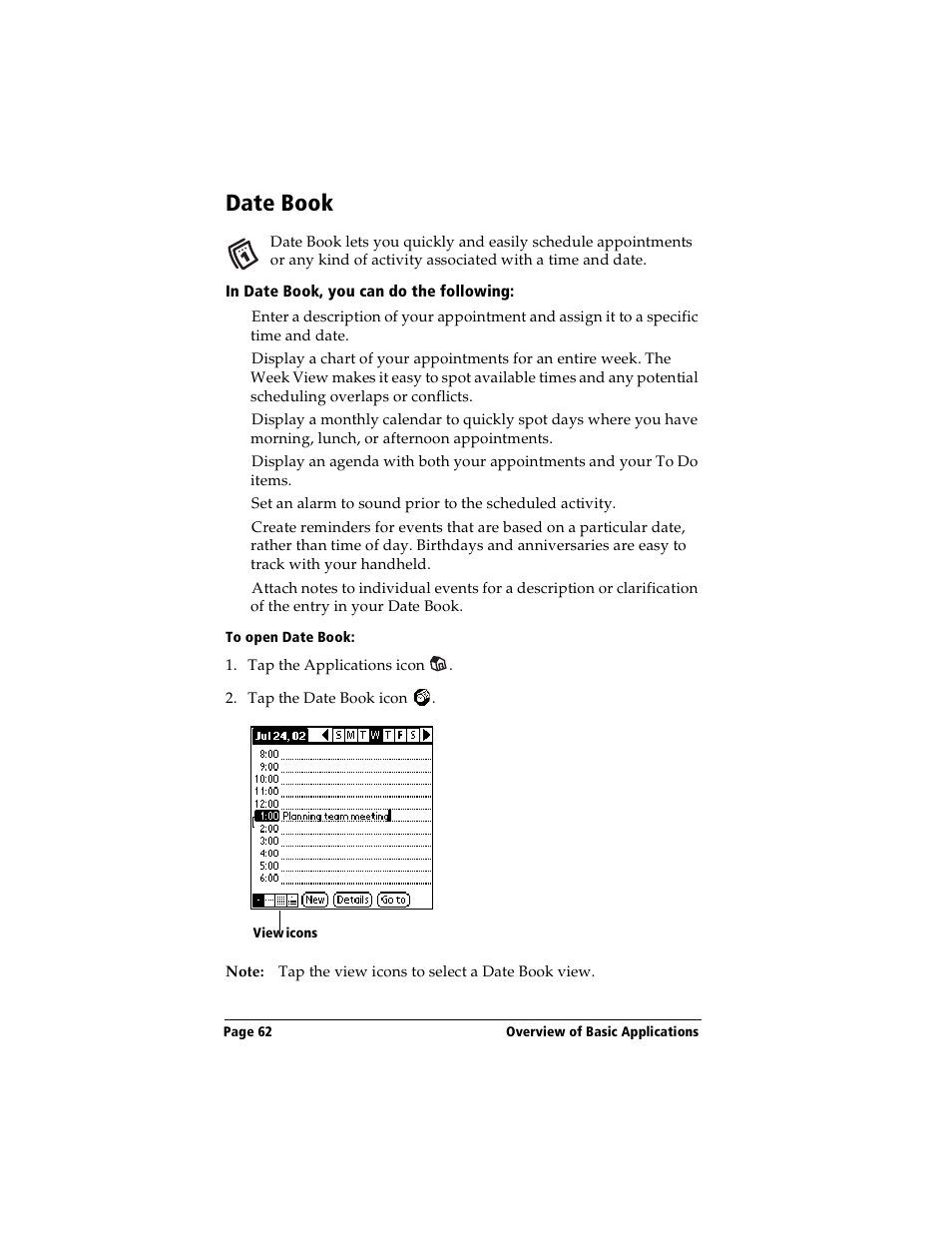 Date book, In date book, you can do the following, To open date book | Handspring Visor User Manual | Page 62 / 263