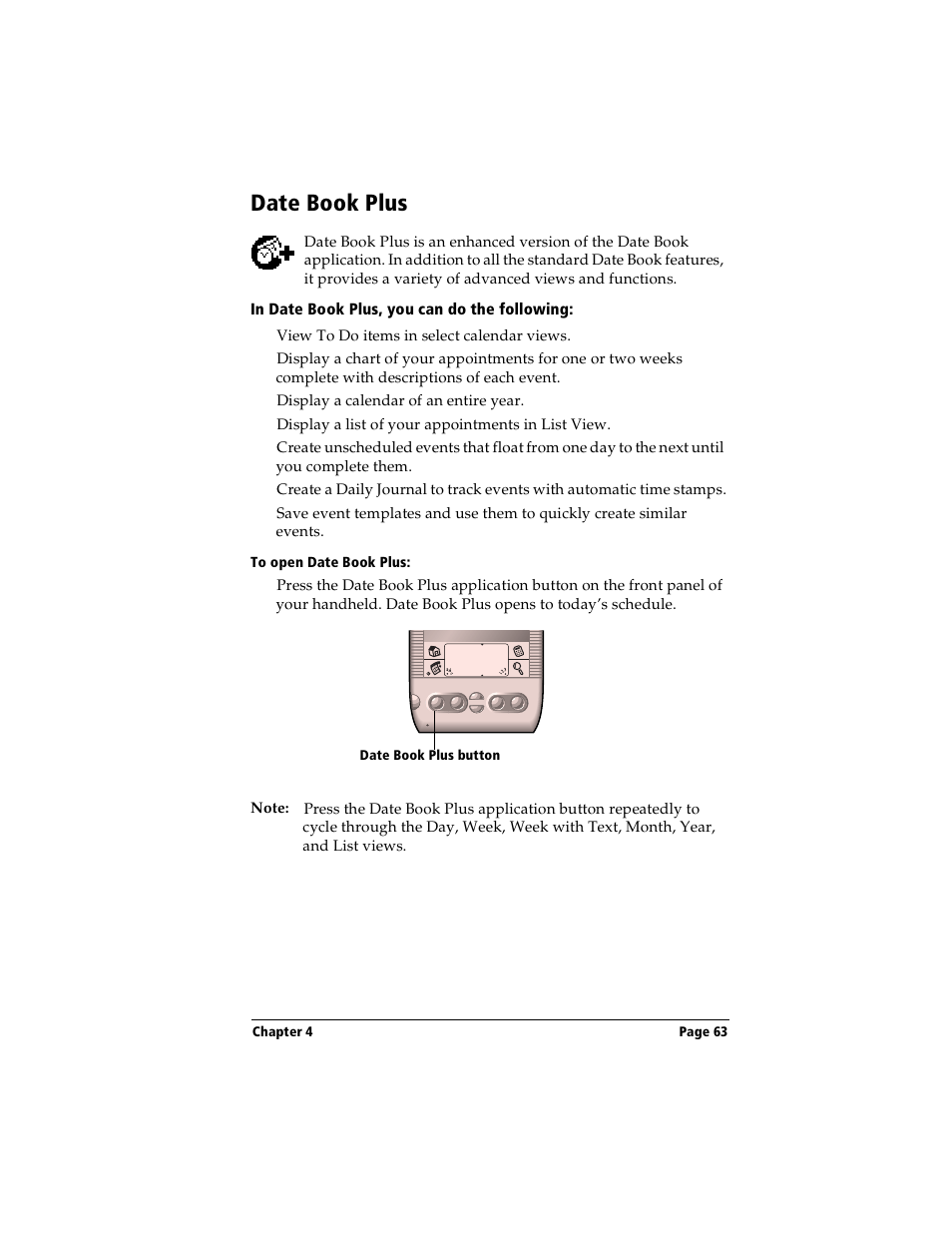 Date book plus, In date book plus, you can do the following, To open date book plus | Handspring Visor User Manual | Page 63 / 263