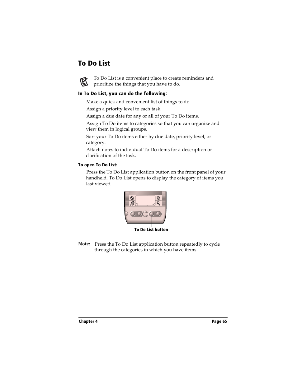 To do list, In to do list, you can do the following, To open to do list | Handspring Visor User Manual | Page 65 / 263