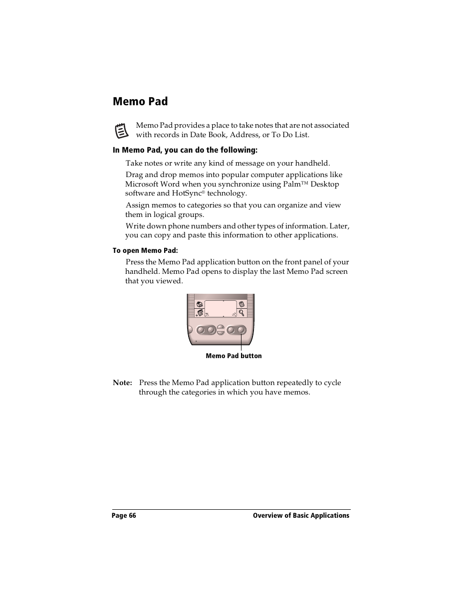 Memo pad, In memo pad, you can do the following, To open memo pad | Handspring Visor User Manual | Page 66 / 263