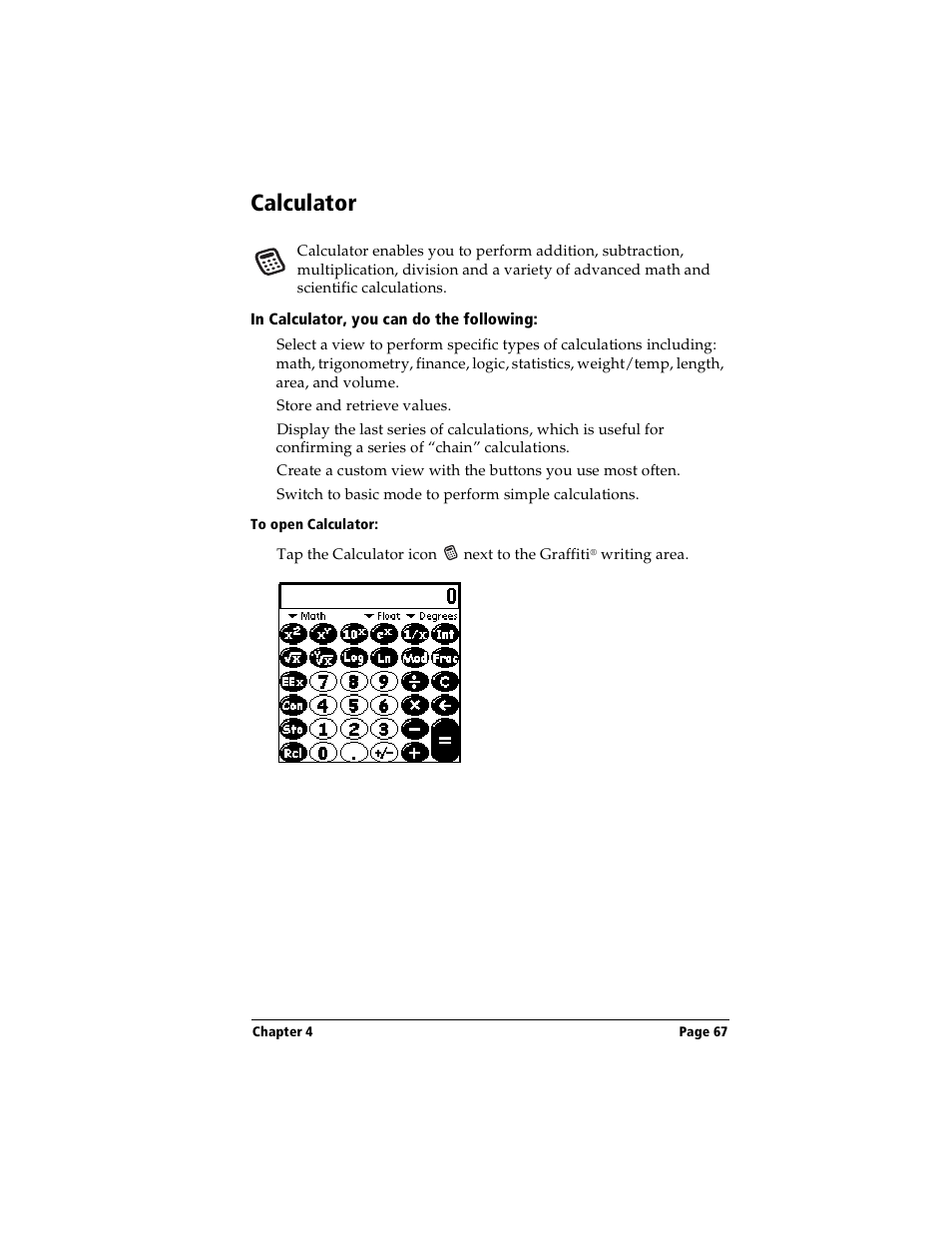 Calculator, In calculator, you can do the following, To open calculator | Handspring Visor User Manual | Page 67 / 263