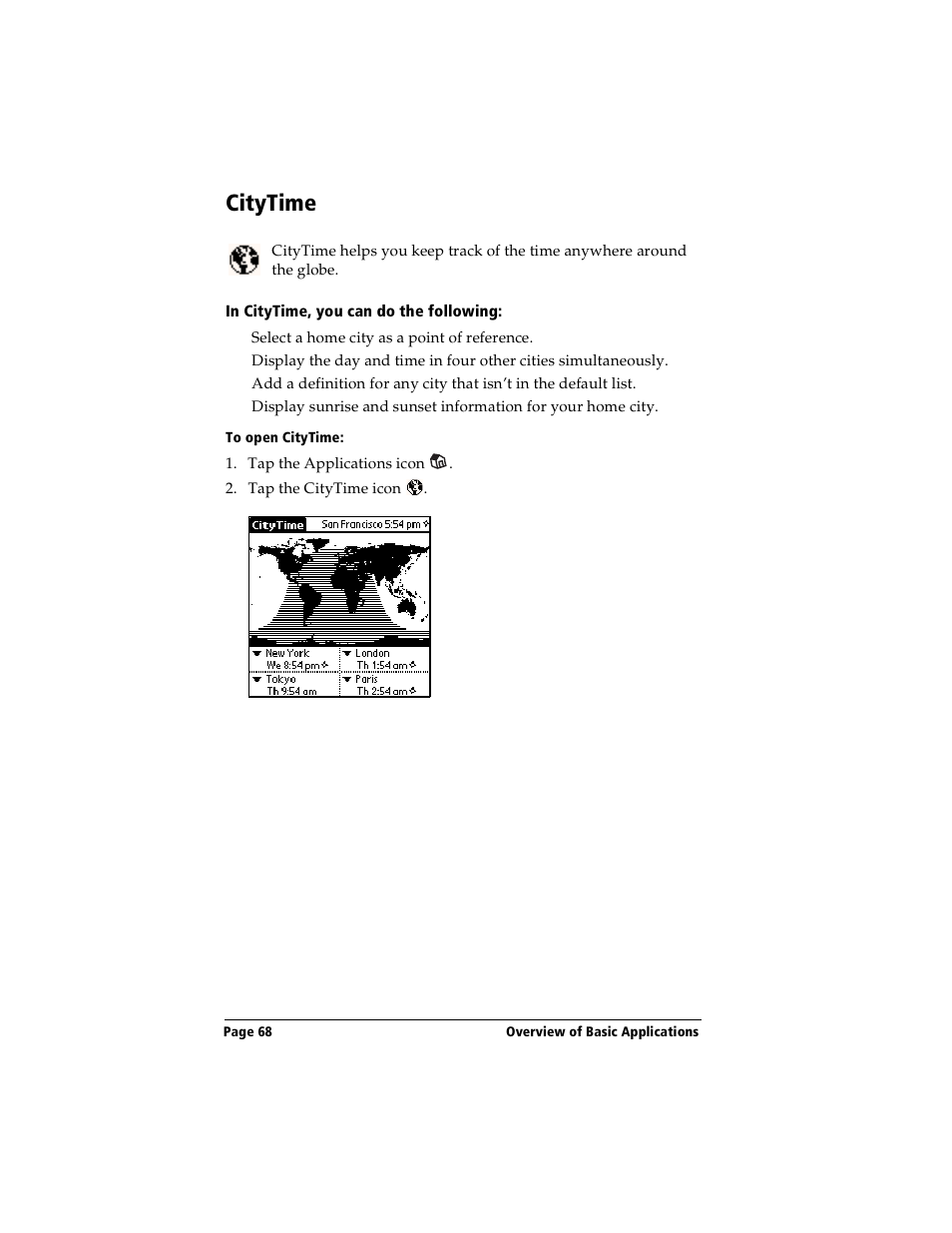 Citytime, In citytime, you can do the following, To open citytime | Handspring Visor User Manual | Page 68 / 263