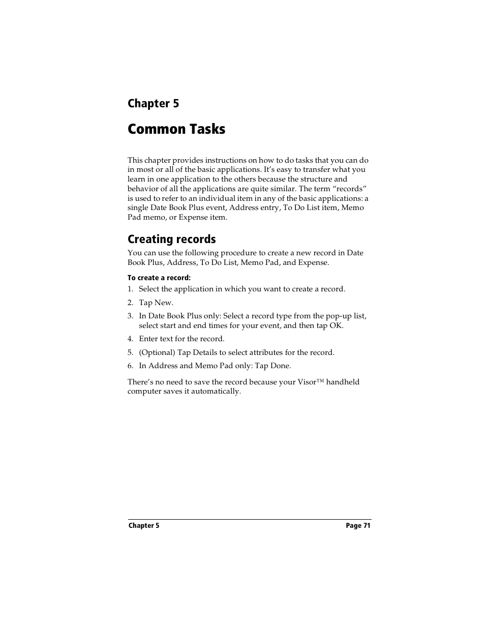 Common tasks, Creating records, To create a record | Chapter 5: common tasks, Chapter 5 | Handspring Visor User Manual | Page 71 / 263