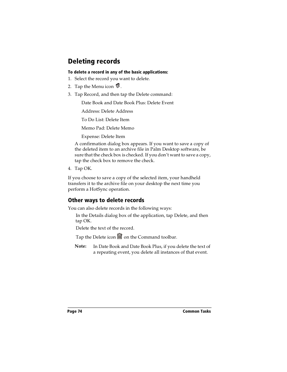 Deleting records, Other ways to delete records | Handspring Visor User Manual | Page 74 / 263