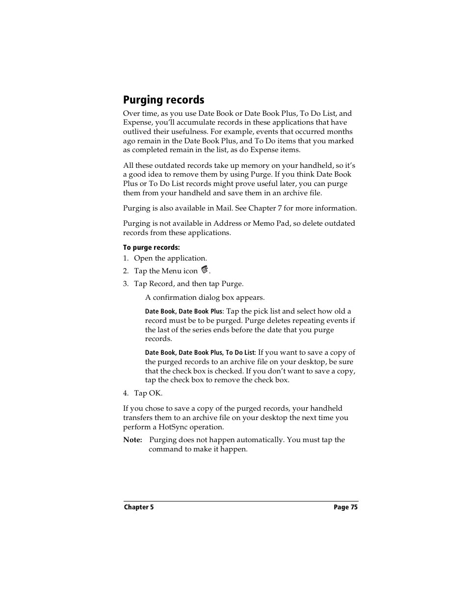 Purging records, To purge records | Handspring Visor User Manual | Page 75 / 263