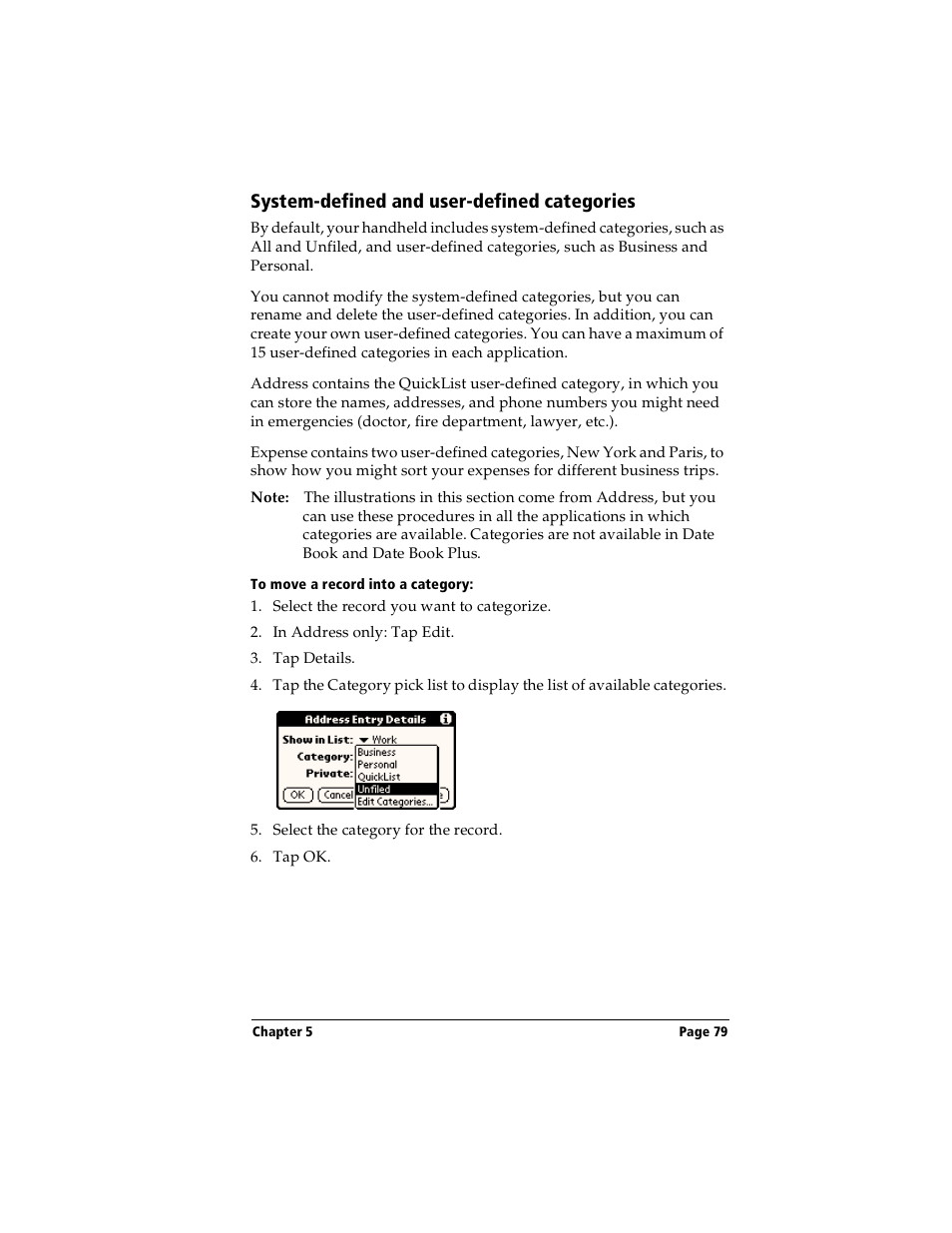 System-defined and user-defined categories, To move a record into a category | Handspring Visor User Manual | Page 79 / 263