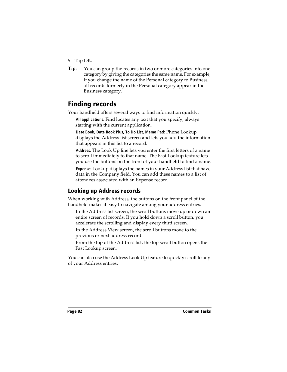 Finding records, Looking up address records | Handspring Visor User Manual | Page 82 / 263