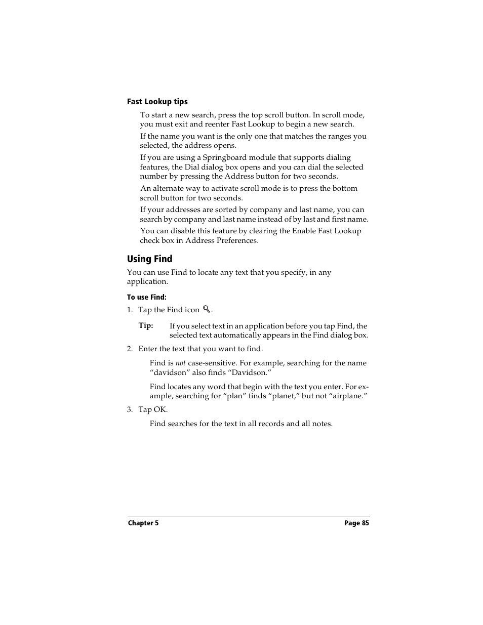 Fast lookup tips, Using find, To use find | Handspring Visor User Manual | Page 85 / 263