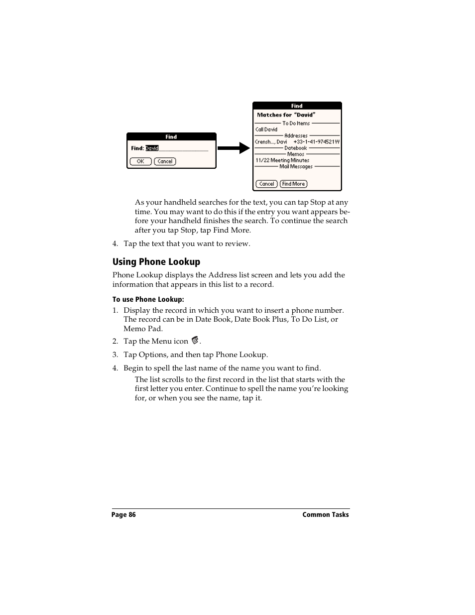 Using phone lookup, To use phone lookup, Reviewing memos | Handspring Visor User Manual | Page 86 / 263