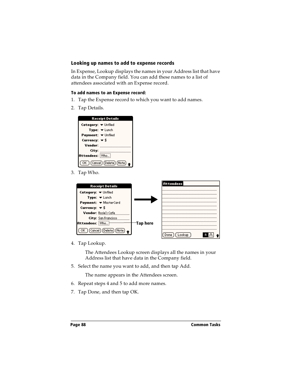 Looking up names to add to expense records, To add names to an expense record | Handspring Visor User Manual | Page 88 / 263