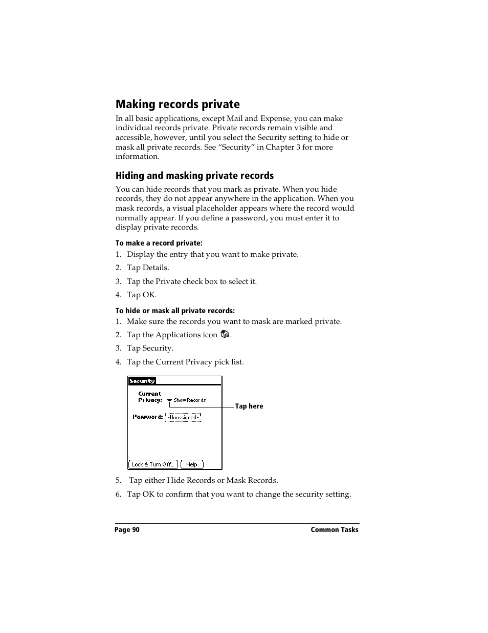 Making records private, Hiding and masking private records, To make a record private | To hide or mask all private records | Handspring Visor User Manual | Page 90 / 263