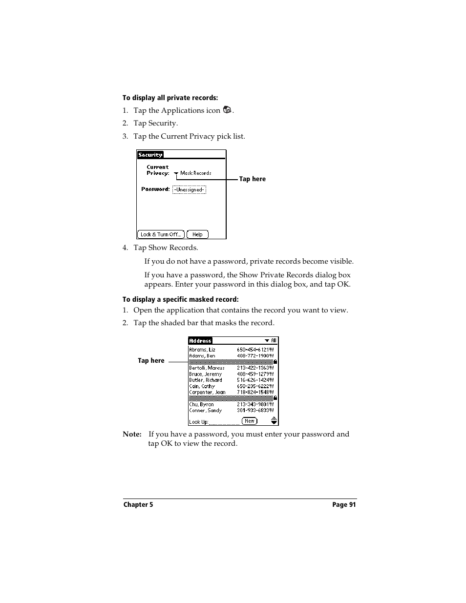 To display all private records, To display a specific masked record | Handspring Visor User Manual | Page 91 / 263