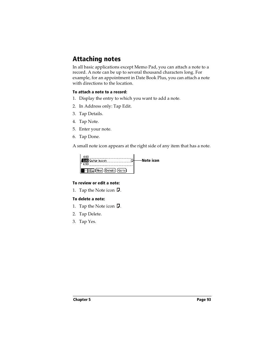 Attaching notes, To attach a note to a record, To review or edit a note | To delete a note | Handspring Visor User Manual | Page 93 / 263