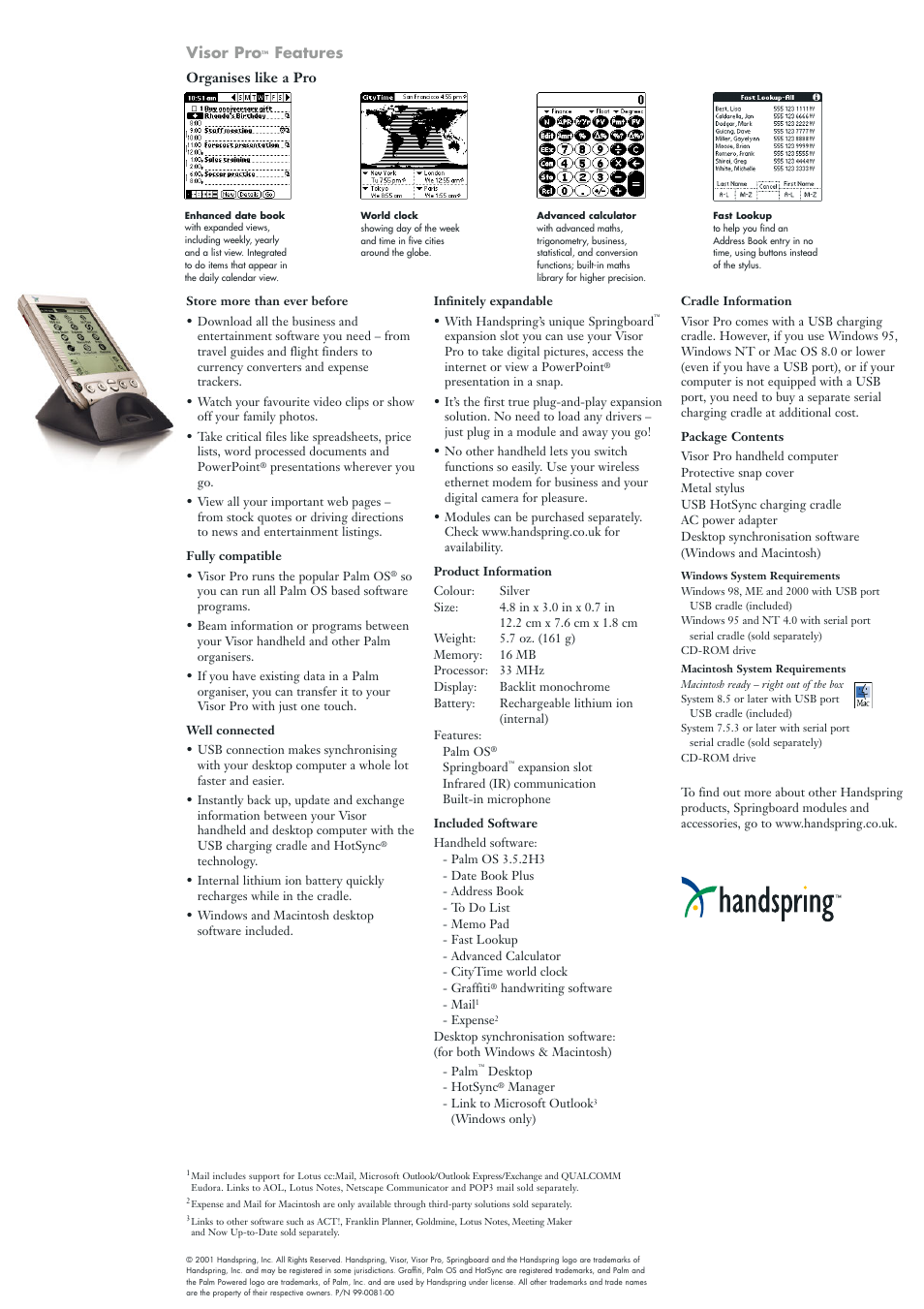 Visor pro, Features | Handspring Visor Handheld Desktop User Manual | Page 2 / 2