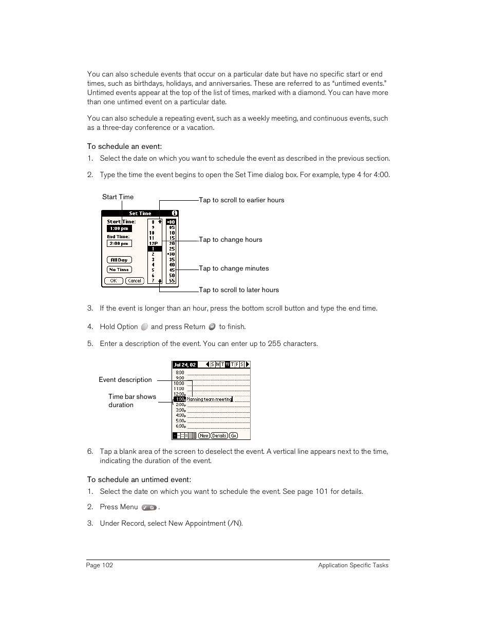 To schedule an event, To schedule an untimed event | Handspring Treo 180 User Manual | Page 102 / 235