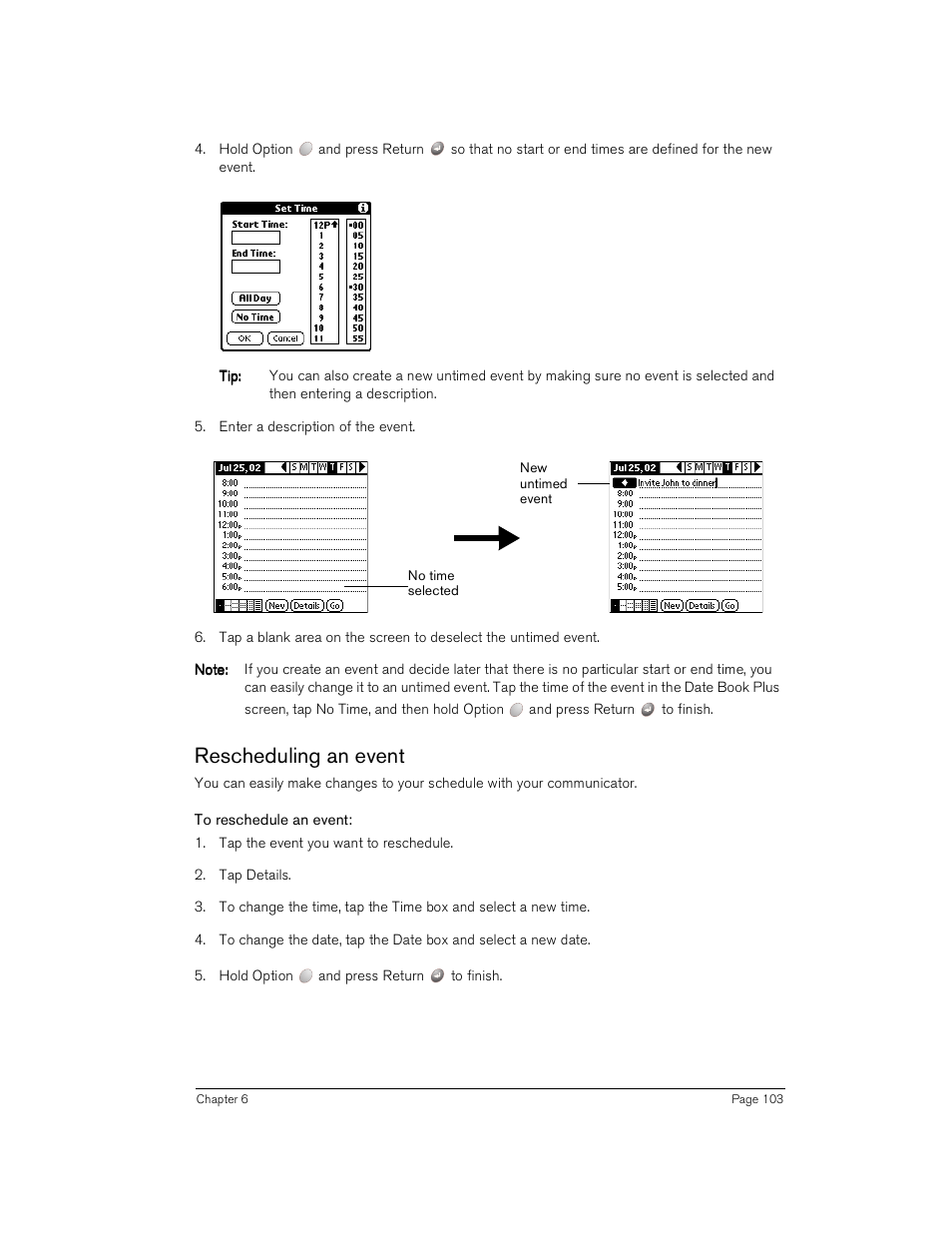 Rescheduling an event, To reschedule an event | Handspring Treo 180 User Manual | Page 103 / 235