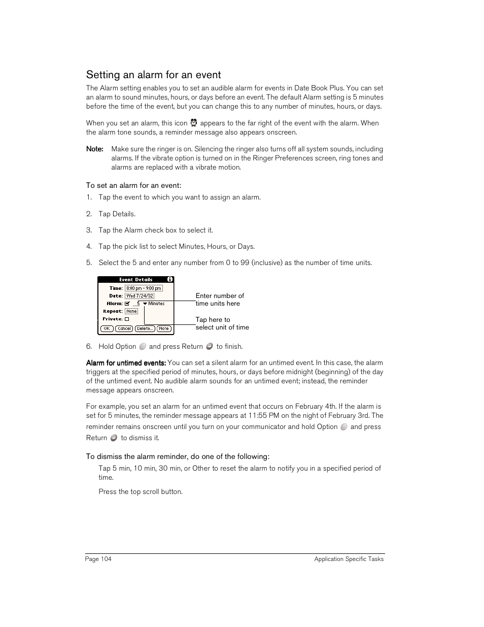 Setting an alarm for an event, To set an alarm for an event | Handspring Treo 180 User Manual | Page 104 / 235